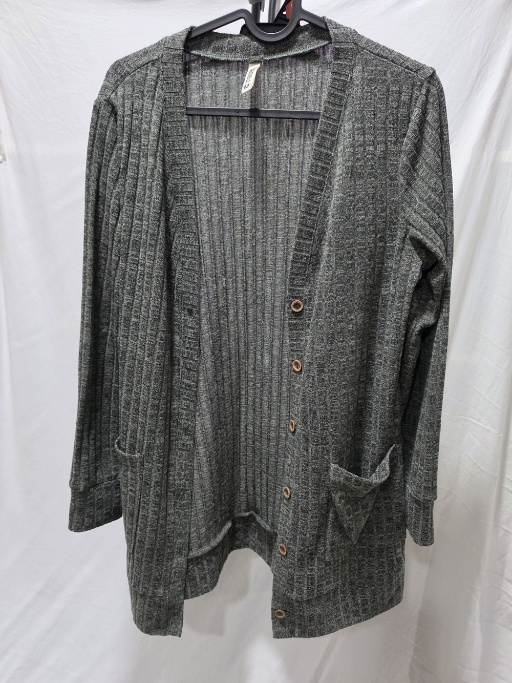 Women's Gray-Green Ribbed Button-Front Cardigan Sweater